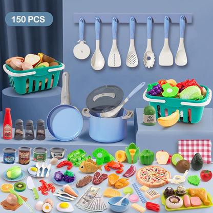 150Pcs Kitchen Playset, Toddlers Pretend Cooking Cookware Accessories, Food, Picnic Blanket, Fruits, Veges, 2Pack Shopping Storage Basket, Dessert and Prop Money, Gift for Kids (Pink)