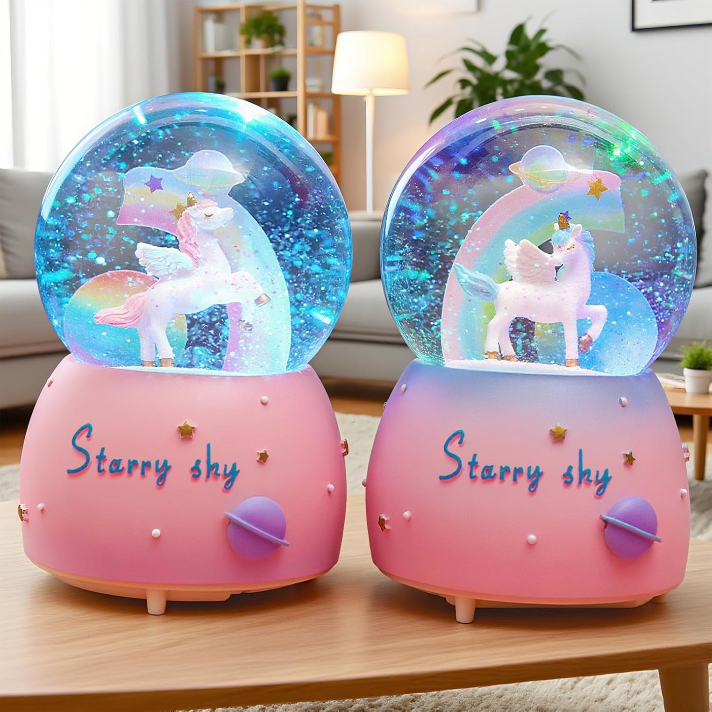 Unicorn Music Snowball, 80MM Snow Globes for Girls Music Box, with LED Rainbow Snow Lights, Birthday, Christmas, Ideal Gift for Girls (Pink&Blue)