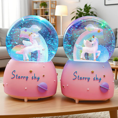 Unicorn Music Snowball, 80MM Snow Globes for Girls Music Box, with LED Rainbow Snow Lights, Birthday, Christmas, Ideal Gift for Girls (Pink&Blue)