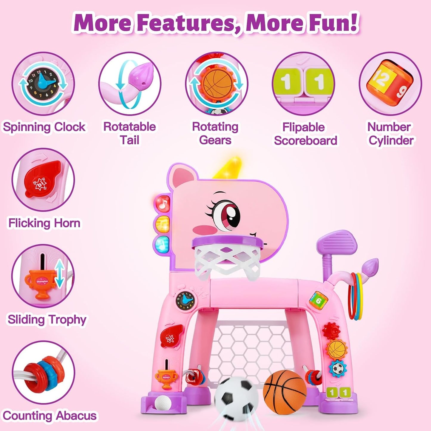 4 in 1 Toddler Basketball Hoop & Soccer Goal, Kids Sports Toy for 1 2 3 Years Old Girls Boys, Baby Toy with Sound & Light, Birthday Gift for 12-18 Months, Pink