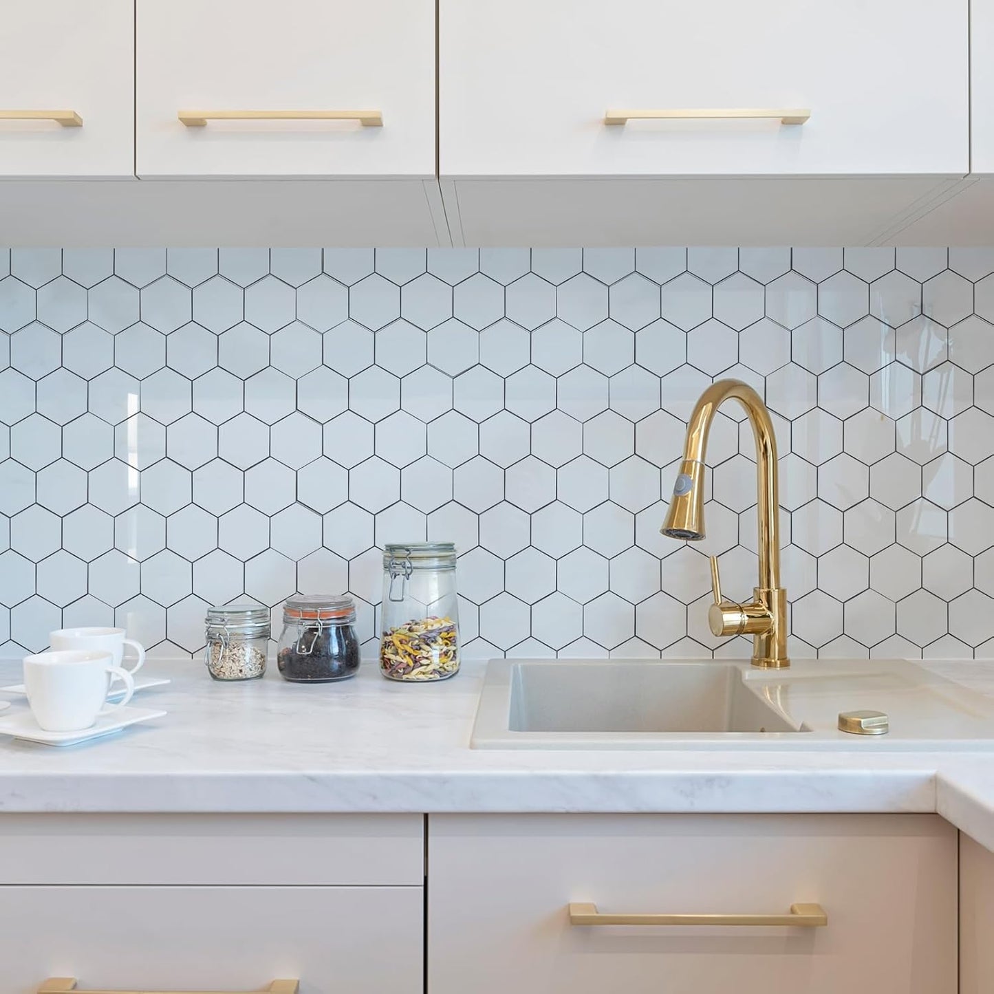 Yipscazo 10 Sheet Hexagon Peel and Stick Backsplash,Self Adhesive Luxury Faux Marble Tile, Asenka Beige Wall Tile for Kitchen, Stick on Backsplash Tiles for Bathroom,RV,Laundry