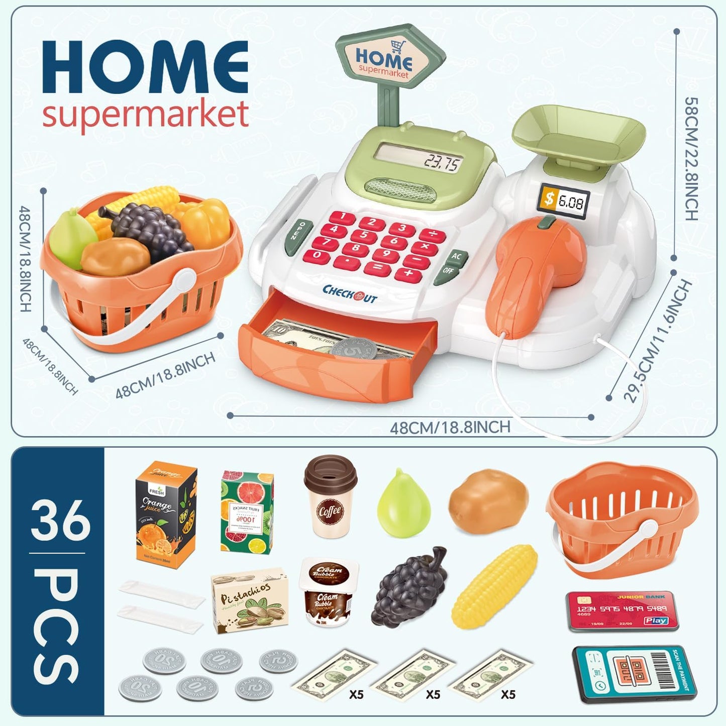 Cash Register 36PCS Supermarket Shop Toys with Electronic Sounds,Working Scanner,Calculator,Credit Card Reader,Play Food and Money Preschool Learning for Girl Boys Kids (Green)