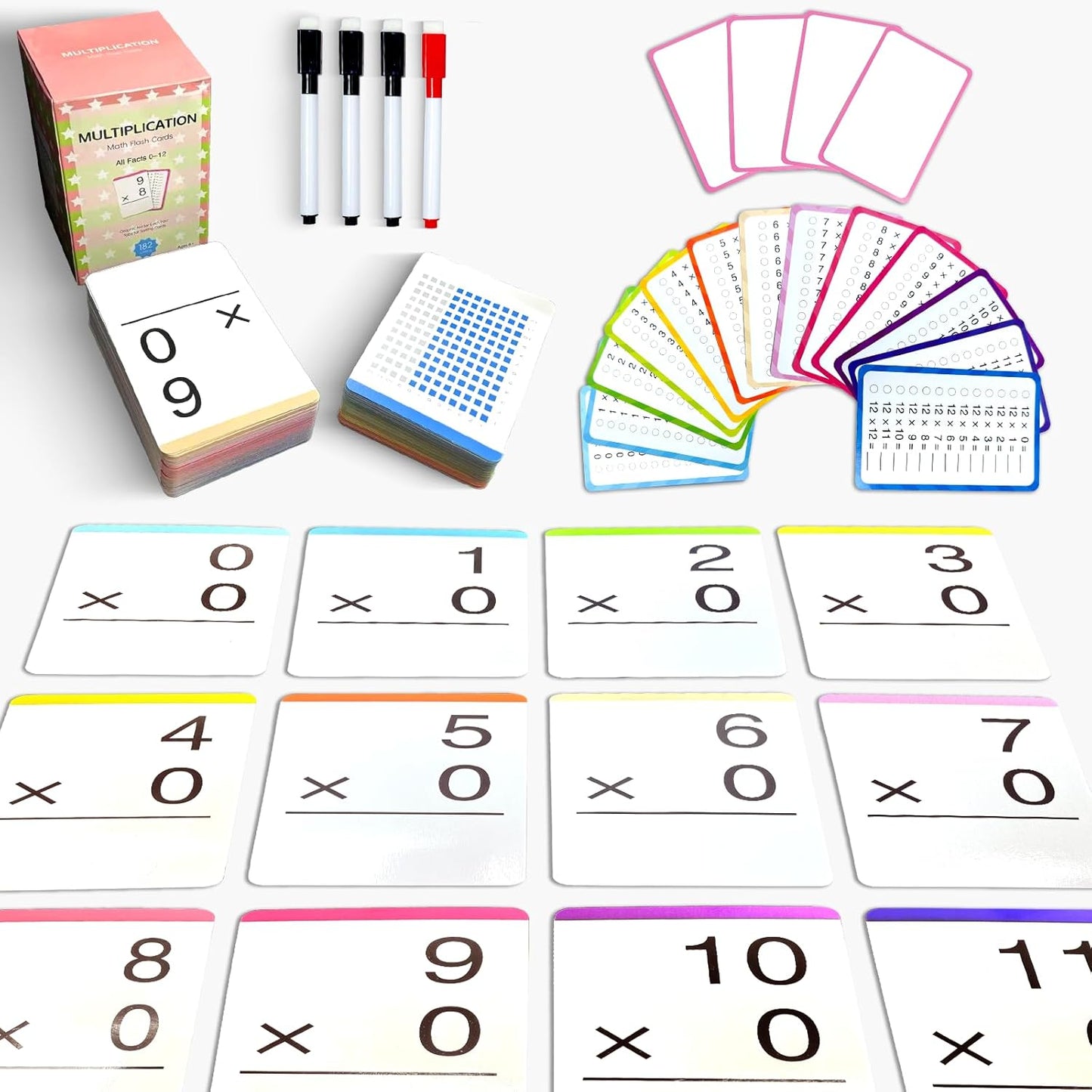 182 Multiplication Flash Cards for Kids Ages 8-12 - Multiplication Table | Math Flash Cards 0-12 All Facts (Answer on Back) | Includes 4 Dry Erase Markers, Workbook & Game | Classroom or Homeschool