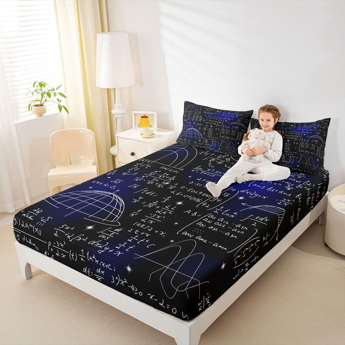 Erosebridal Science Theme Bed Sheets Set Full Size for Boys Girls Chemistry Periodic Table Print Sheet Set Chemical Subject Theme Sheets Teens Kids Math Science Atyle Fitted Sheet 4 Pcs