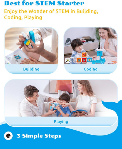 WhalesBot A1 Coding Toy for Kids, Building Block Robot, Fun STEM Toy with Magnetic Controller and Sensor Blocks, Screen-Free Coding with 3 Guide Books for Kids 3-6