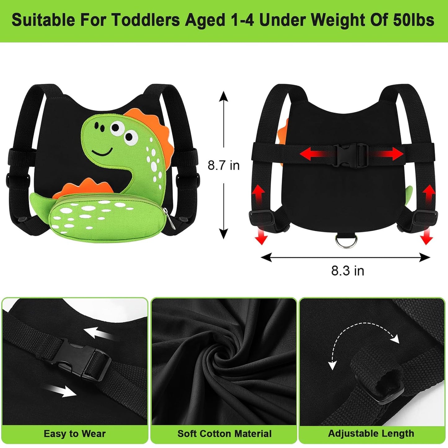 3 in 1 Toddler Harness Leash + Baby Anti Lost Wrist Link, Accmor Cute Dinosaur Child Safety Harness Tether, Kids Walking Wristband Assistant Strap Belt for Parent Boys Outdoor Activity (Black)