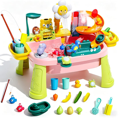 2026 Upgraded Pink Stand Water Table for Toddlers 1-3 - Outdoor Toys for Kids Ages 3-8 with Pump, Summer Outside Sensory Activity Pool Toys, Kitchen Play Sink Toy with Running Water, Fishing Toy