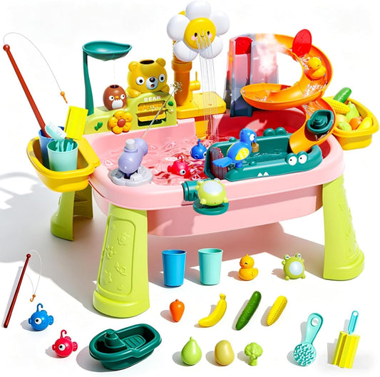 2026 Upgraded Pink Stand Water Table for Toddlers 1-3 - Outdoor Toys for Kids Ages 3-8 with Pump, Summer Outside Sensory Activity Pool Toys, Kitchen Play Sink Toy with Running Water, Fishing Toy