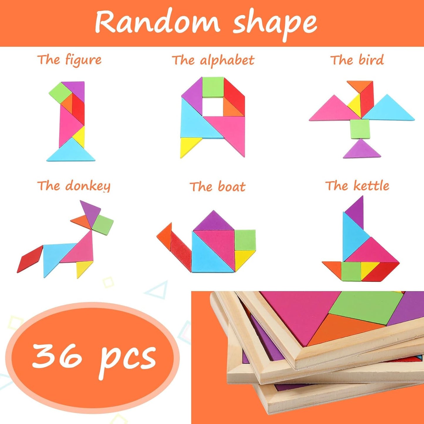Shappy 36 Pieces Wooden Tangram Puzzles for Kids Educational Shape Puzzle Toys Geometric Pattern Brain Logic Puzzle Blocks for Students Educational Activities Back to School Gifts(Novelty Style)