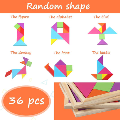 Shappy 36 Pieces Wooden Tangram Puzzles for Kids Educational Shape Puzzle Toys Geometric Pattern Brain Logic Puzzle Blocks for Students Educational Activities Back to School Gifts(Novelty Style)