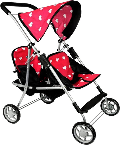 The New York Doll Collection First Twin Stroller - Cutest Heart Design Baby Strollers Great Toy Gift for Toddlers and Girls (Denim) Blue,pink