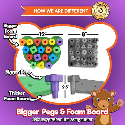Jumbo Stacking Shapes Pegboard Set for Kids with 18 Pegs, 2 Wooden Dice, Lacing String & Storage Box (Standard Rainbow Colors)