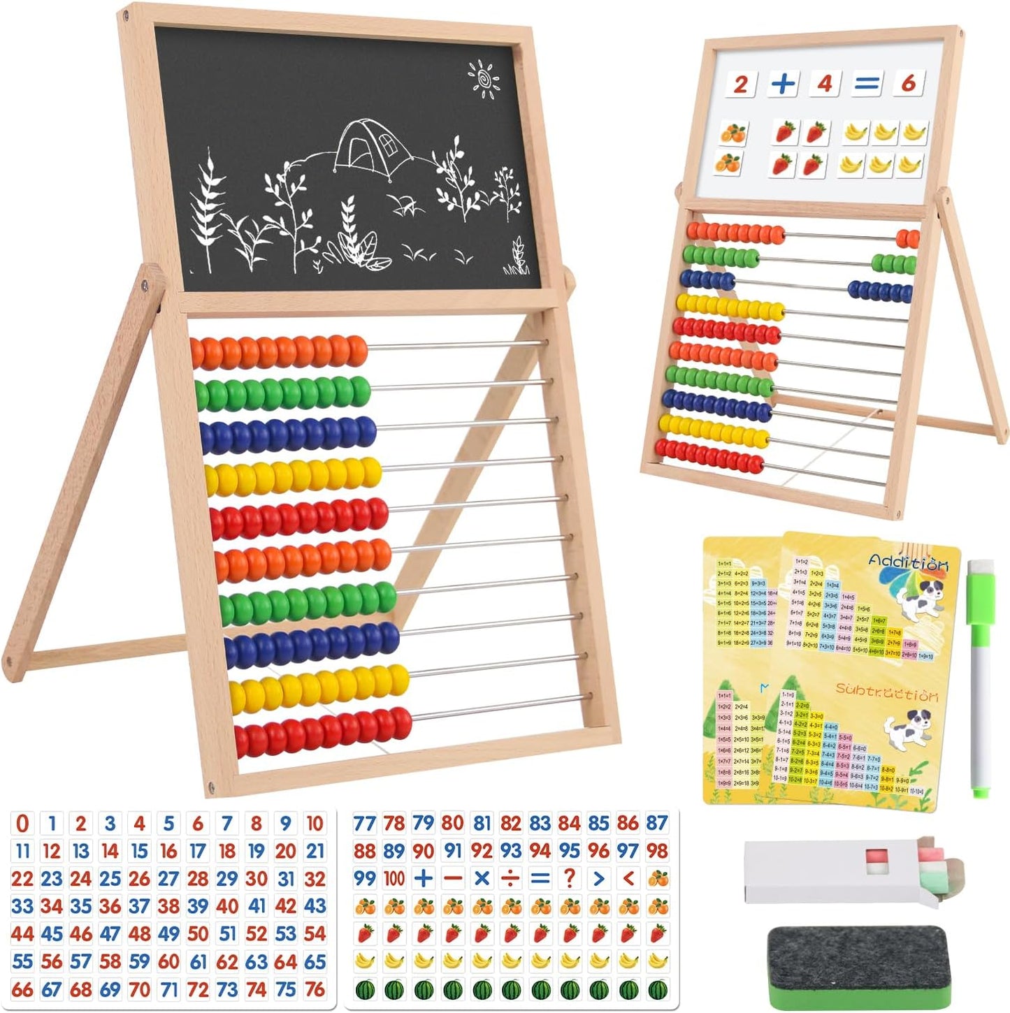 Wooden Abacus for Kids Math Games for Kids 3-5 4 5-7 6-8 Counters Toys with Double-Sided Whiteboard Blackboard and Magnetic Number Cards 1-100 Educational Counting Math Manipulatives 1st 2nd grade