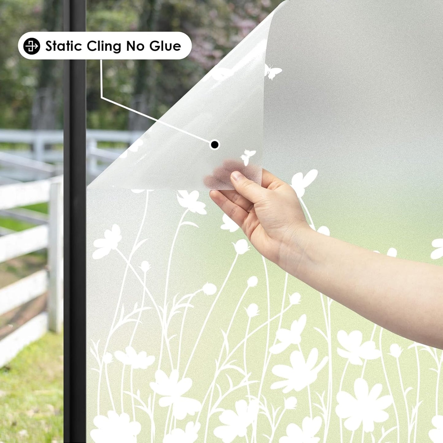 DKTIE Window Privacy Film Flowers Pure White Pattern Stained Glass Window Film Decorative Frosted Glass Window Film Sun Blocking Heat Control Static Cling (A274, 17.5" x 78.7")