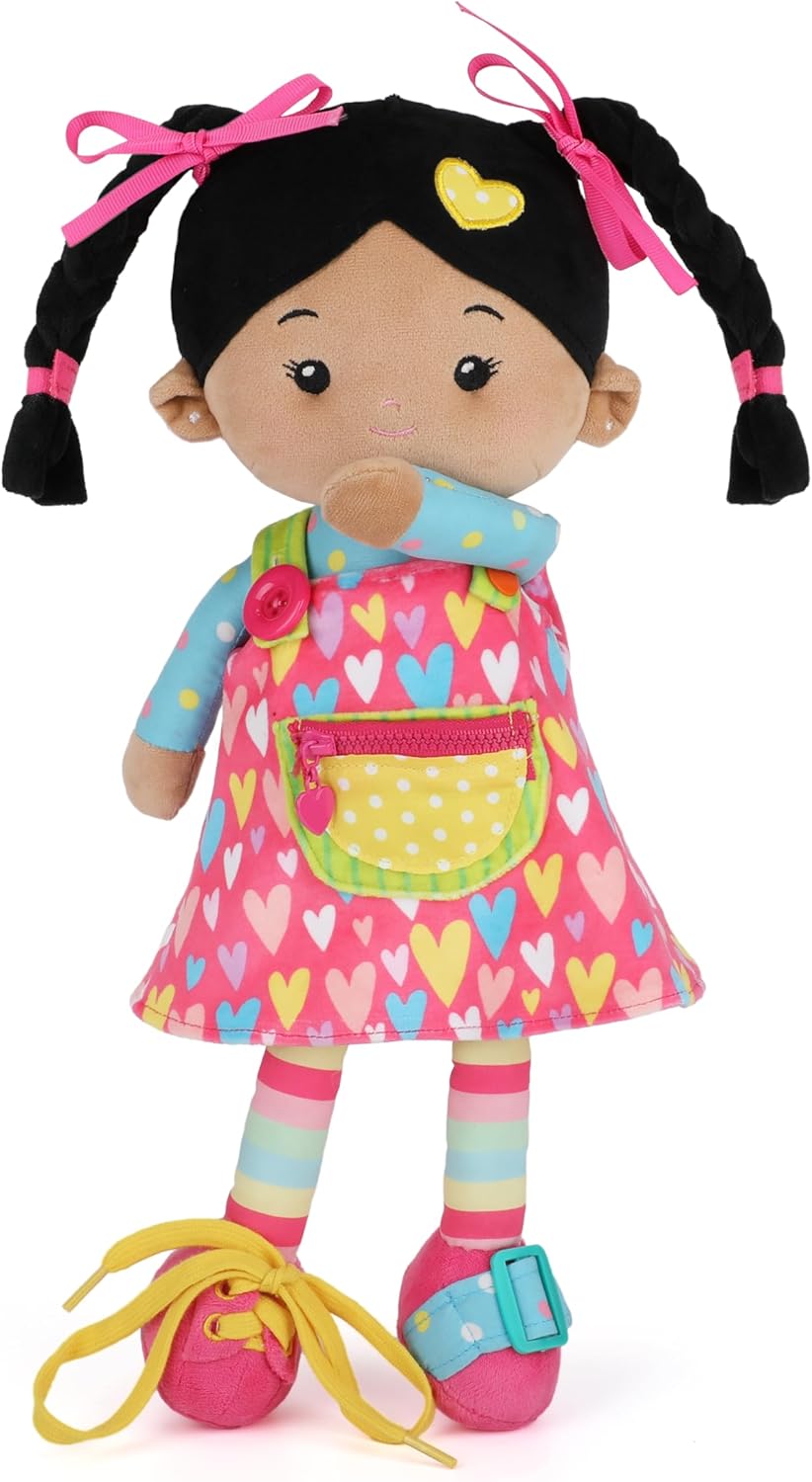 LeyaDoll Soft Bady Educational Soft Baby Doll(16''), Learning Sensory Doll for Toddlers, Montessori Toys for 2-Year-Old Girls Christmas, Birthday Gifts, Plush Doll with Button-Busy Cupcake-Girl