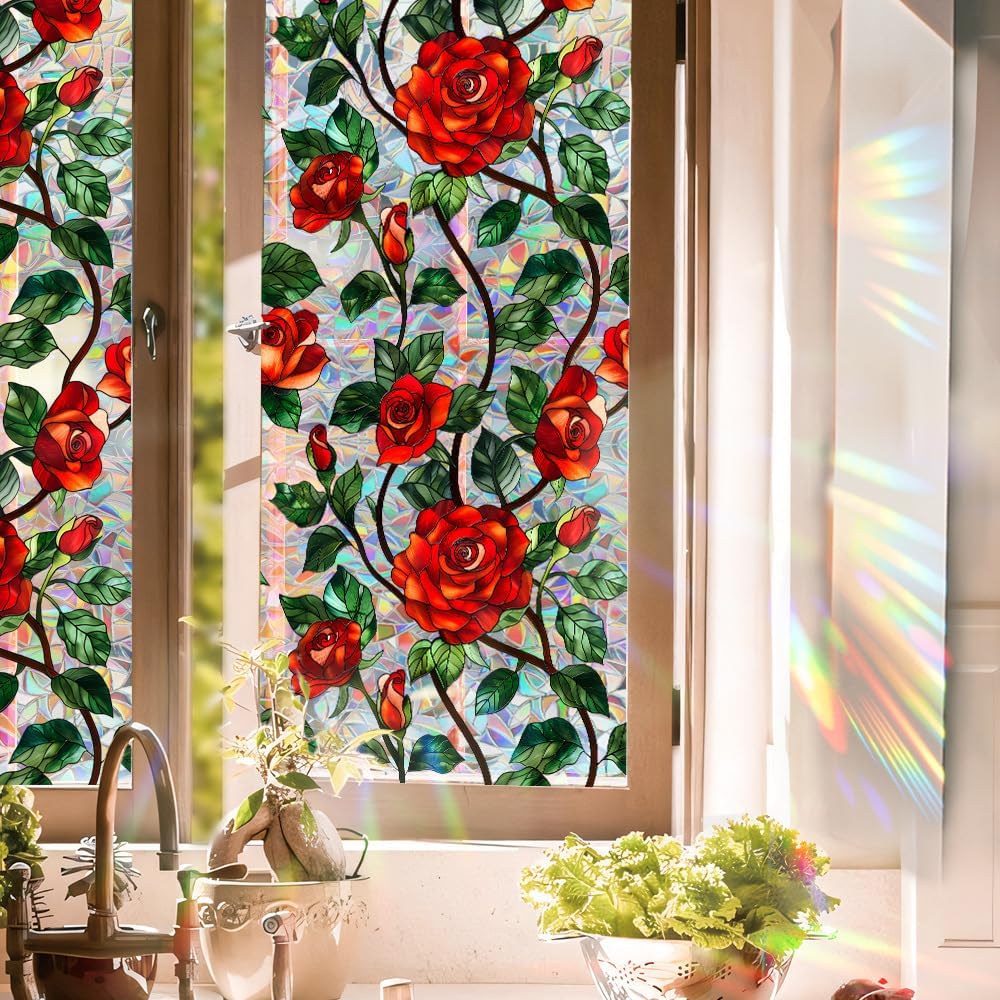 Flower Stained Glass Window Film Decorative Static Cling Stickers Sun Blocking Privacy Decals for Home Car White Lily