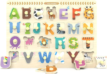 Wooden Peg Puzzle for Toddlers, Alphabet Learning Toys, Baby Puzzles Alphabet Board for Kids, Preschool Knob Puzzle for Boys Girls, Chunky ABC Shape Puzzles for 2 3 4 Year Old