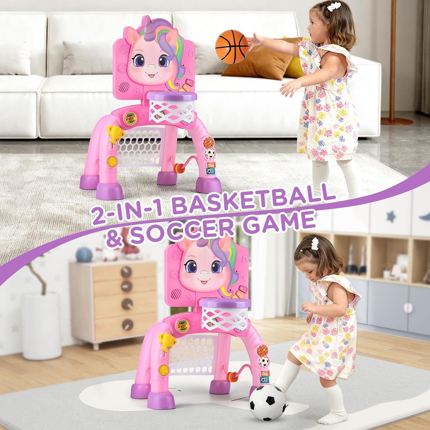 Liberry Toddler Basketball Hoop & Soccer Goal for 1 2 3 Year Old Girls Boys, Kids Sports Toy with Lights Sounds Music, Interactive Christmas Birthday Gift for Baby, Pink
