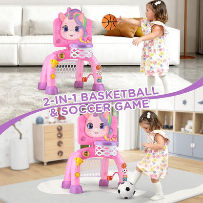 Liberry Toddler Basketball Hoop & Soccer Goal for 1 2 3 Year Old Girls Boys, Kids Sports Toy with Lights Sounds Music, Interactive Christmas Birthday Gift for Baby, Pink