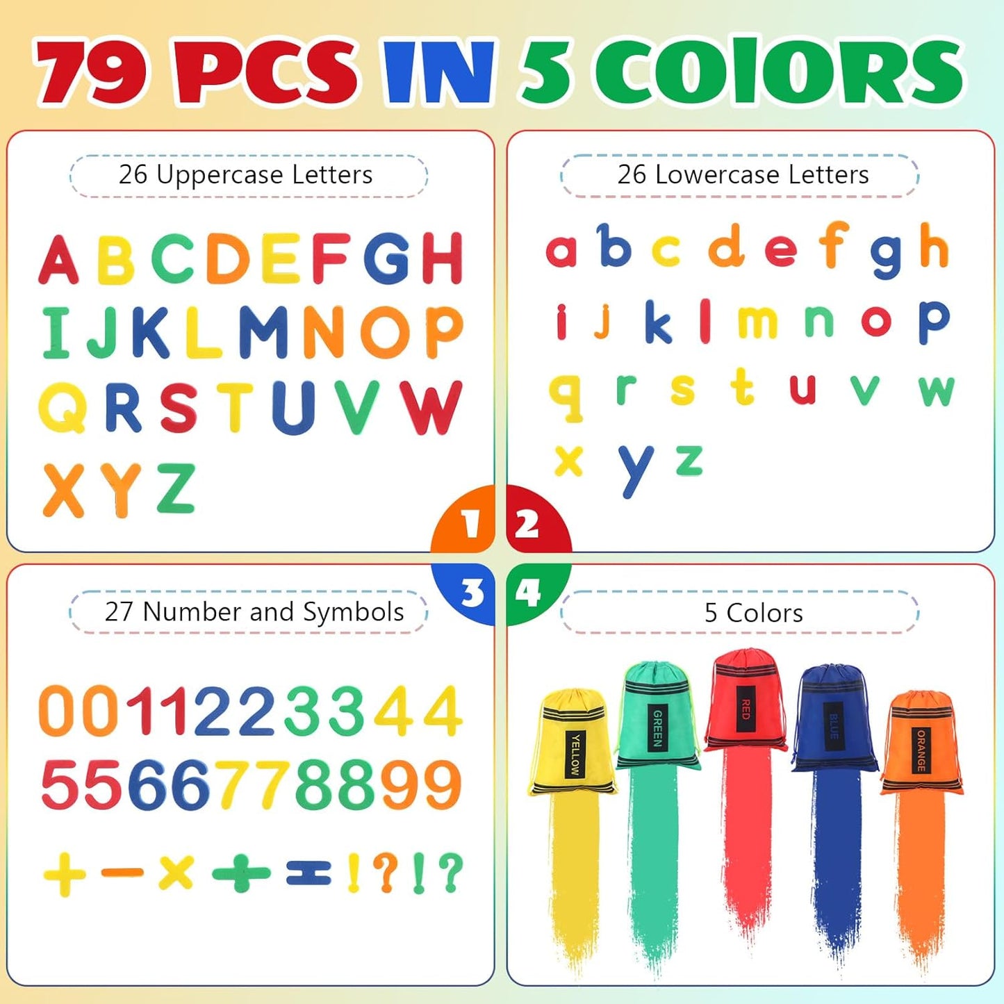 Blosssound 79 Pcs Magnetic Alphabets Game Magnetic Letters and Numbers with 5 Crayon Storage Bags Uppercase Lowercase ABC 123 for Preschool Kids 100 Days of School Classroom Learning Spelling Counting