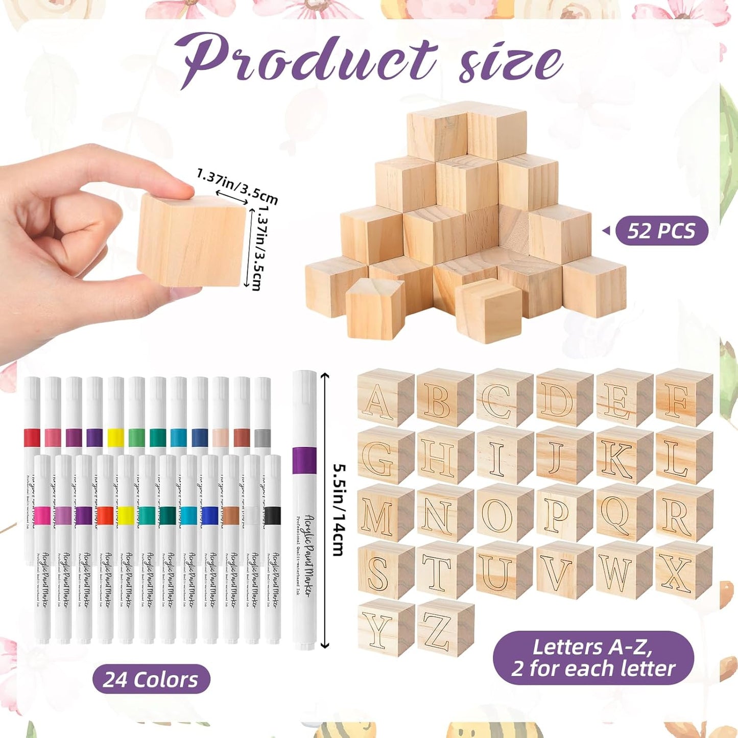 117 Pcs Baby Shower Blocks to Decorate Game Kit Includes 52 Wooden Blocks 24 Markers 1 Game Sign 40 Templates to Paint (Kraft)