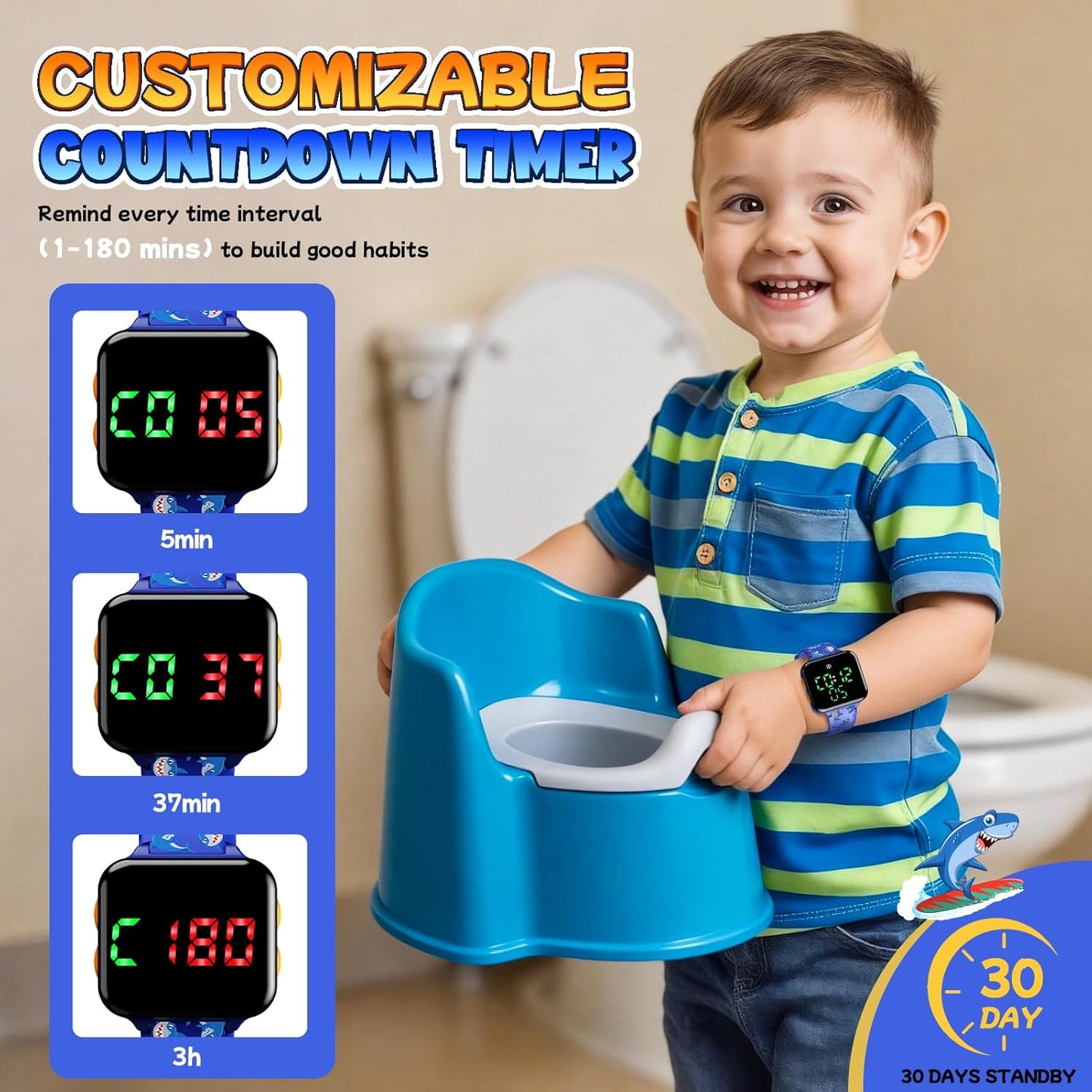 Potty Training Watch and Board Book for Kids: Water Resistant Potty Watches for Toddler Boys Rechargeable Toilet Reminder Dinosaur Toddler Watch 1-3 Birthday Gifts for 2 3 4 Year Old Boy (Blue)