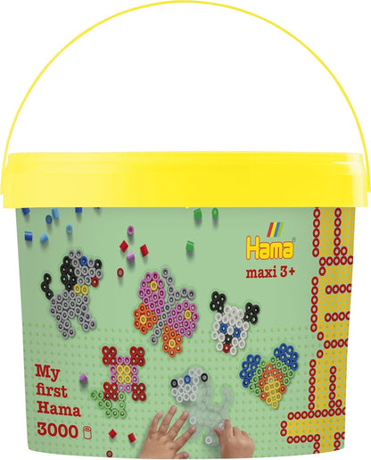 Hama Perlen 8806 Ironing Beads in Bucket with Approx. 3,000 Maxi Beads, Four Small Pin Plates, Motif Templates, Ironing Paper, for Children from 3 Years