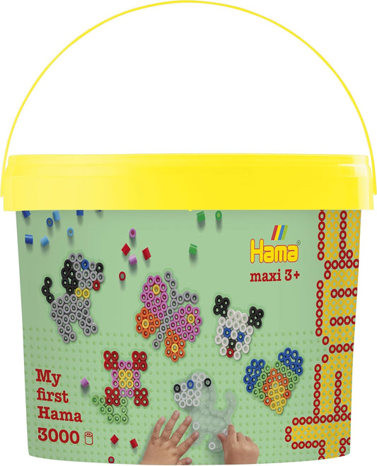 Hama Perlen 8806 Ironing Beads in Bucket with Approx. 3,000 Maxi Beads, Four Small Pin Plates, Motif Templates, Ironing Paper, for Children from 3 Years