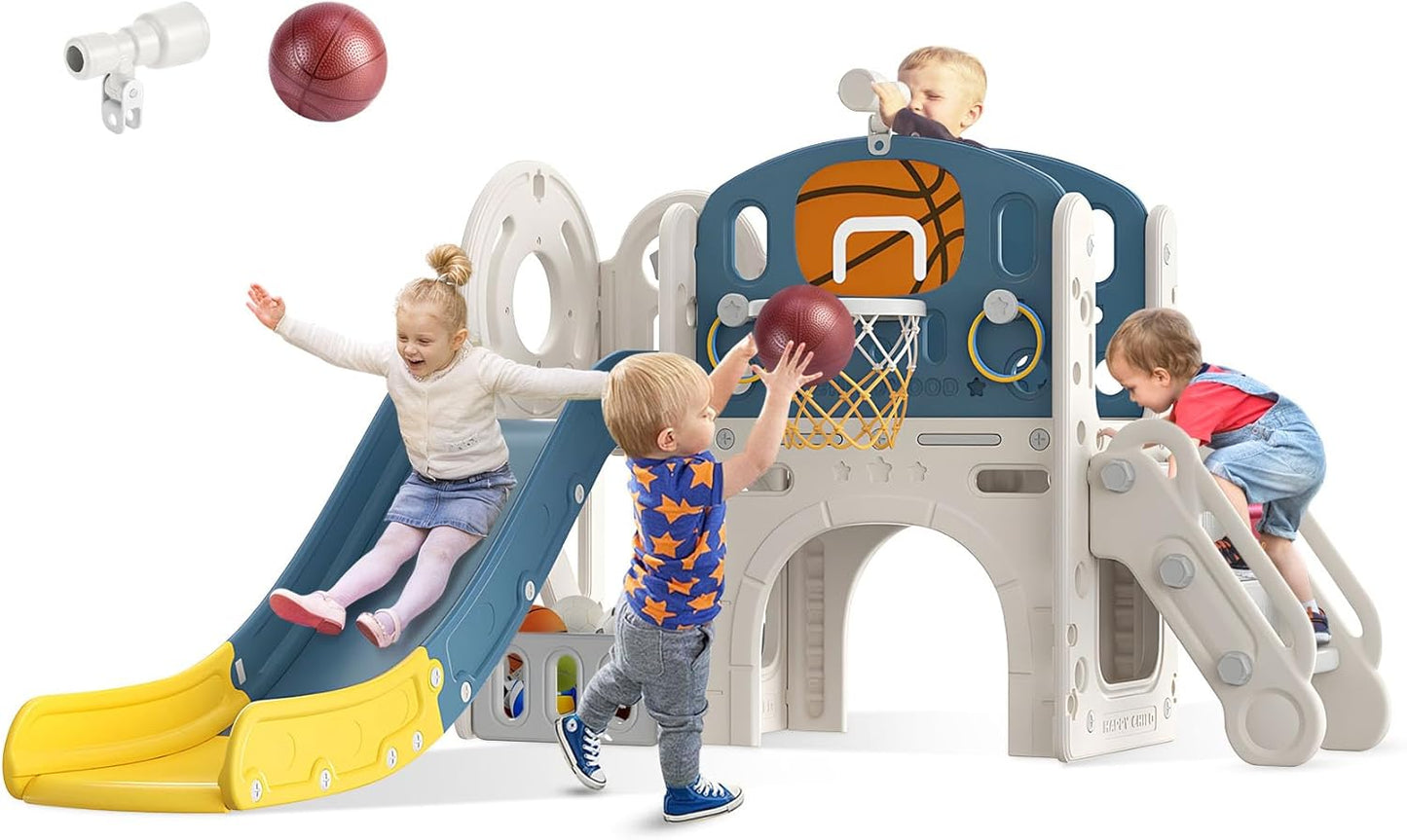 BIERUM 9 in 1 Toddler Slide, Kid Slide for Toddlers Age 1-3 with Ring Toss, Basketball Hoop, and Telescope, Indoor Outdoor Playset Playground Beige Gray