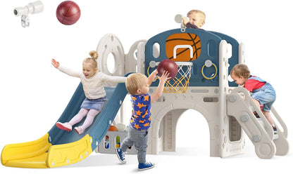 BIERUM 9 in 1 Toddler Slide, Kid Slide for Toddlers Age 1-3 with Ring Toss, Basketball Hoop, and Telescope, Indoor Outdoor Playset Playground Beige Gray