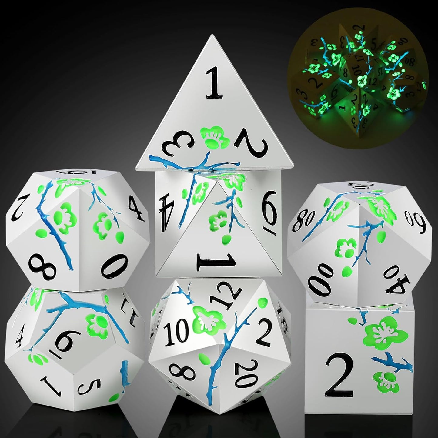 DnDnD Heavy Polyhedral Metal Dice Set with Metal Box, 7-die Shiny Blue Surface with Golden Number for RPG,Dungeons and Dragons,Pathfinder,Shadowrun,D&D,Role Palying Game and Math Teaching - Colors A