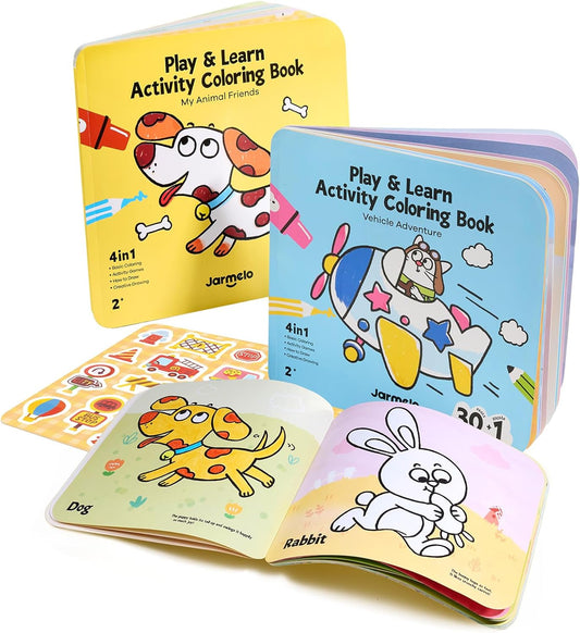 Jar Melo Coloring Books for Toddlers Ages 2–4, Easy First Coloring Activity for Quiet Time & Travel, Animal & Vehicle Themes with Colorful Backgrounds, Includes Stickers & Reward Certificate