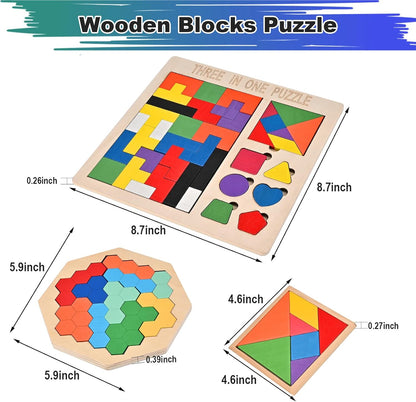 3 PCS Wooden Blocks Puzzles, 3-in-1 Russian Blocks Puzzle, Octagon Puzzle, Tangrams Puzzles, Brain Teaser Puzzles Game, Montessori STEM Educational Toys Gifts for Kids and Adults