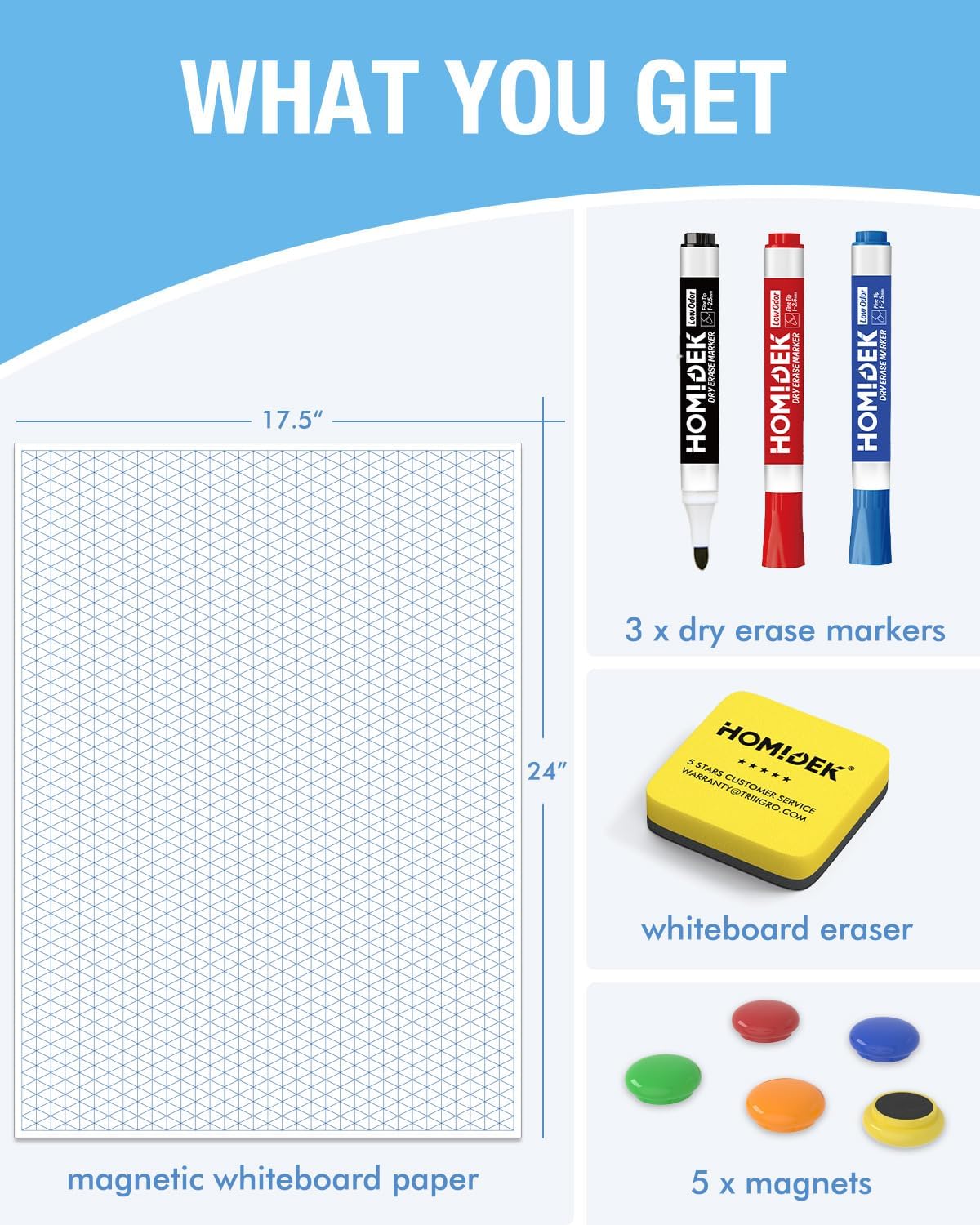 HOMiDEK Magnetic Handwriting Paper for Whiteboard - 17.5x24 in Dry Erase Writing Paper with Lines - Lined Notebook White Board with Markers, Magnet, Eraser