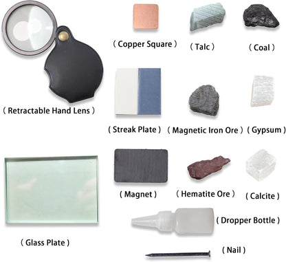 Mineral ID Kit - 13 Pieces - Includes Dropper Bottle, Streak Plate, Glass Plate, Magnet, Nail, Copper Sheet, Rock, Retractable Hand Lens, for Mineral Geology Classrooms