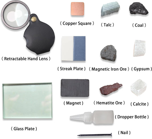 Mineral ID Kit - 13 Pieces - Includes Dropper Bottle, Streak Plate, Glass Plate, Magnet, Nail, Copper Sheet, Rock, Retractable Hand Lens, for Mineral Geology Classrooms