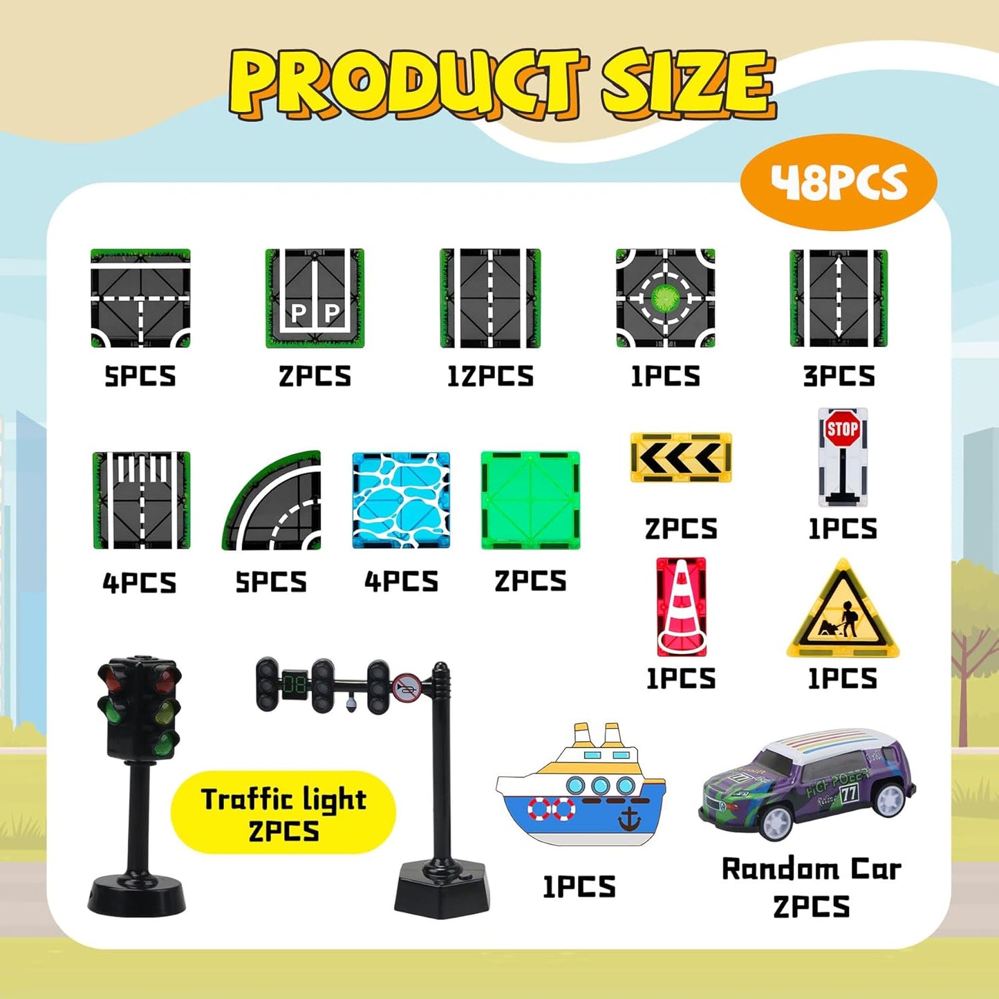 150PCS Magnetic Tiles Road Set with Marble Run, Preschool Magnet Tiles Included Magnetic Cars. STEM Magnetic Tiles for Kids, Preschool Educational Building Toys for Boys & Girls