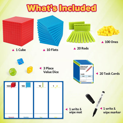 Torlam Base Ten Blocks for Place Value, Counting, Kindergarten Math Games - Base 10 Math Manipulatives for 1st-3rd Grade Kids