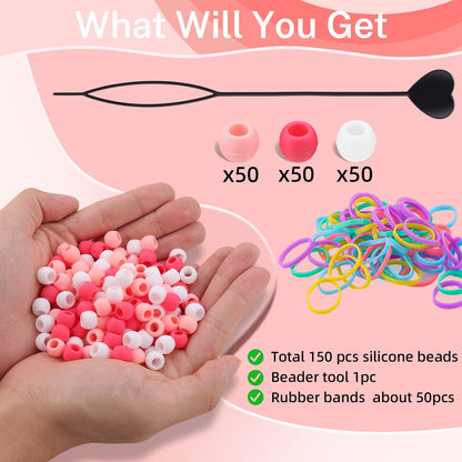 150Pcs 10mm Small Silicone Beads for Hair Braids, Soft Jellyish Pony Hair Beads with 5mm Hole + 50 Rubber Bands and 1 Beader for Braiding, DIY Bracelets Necklaces Crafts (Pink)