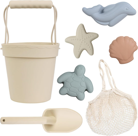 BLUE GINKGO Silicone Beach Toys - Modern Baby | Travel Friendly Toys Set | Silicone Bucket, Shovel, 4 Sand Molds, Beach Bag | Sand Toys for Toddlers, Kids - Yellow
