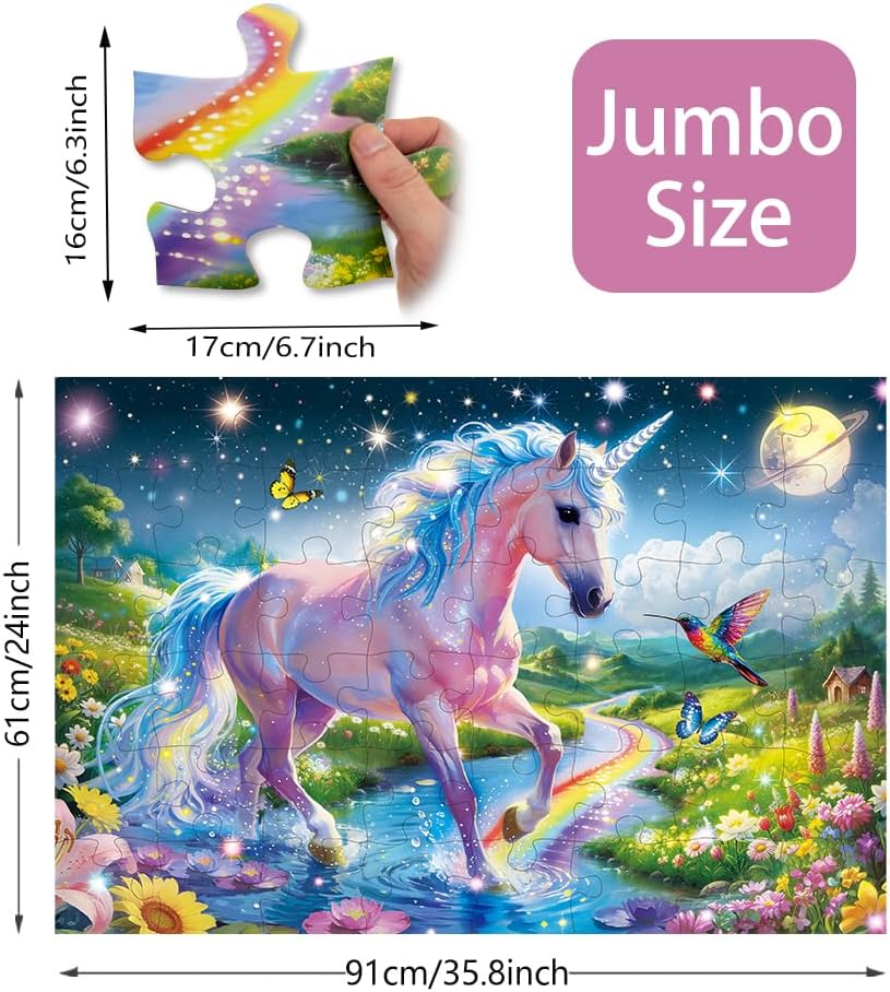 Floor Puzzle for Toddlers, 48 pc Unicorn & Friends Large Educational Jigsaw Puzzle for Kids Ages 4-8, 2 x 3 Feet Giant Toy, Holiday Activity for Ages 3+