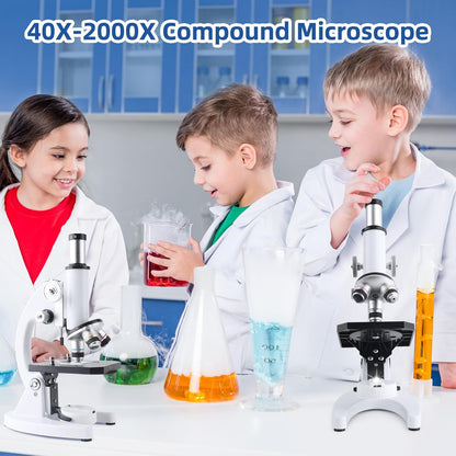 Microscope for Adults Kids, 40X-2000X Microscope Kit with Adjustable Brightness LED, Slides, Biological Compound Microscopes for School Lab Home Education, Gifts for Children Students