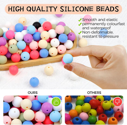 120PCS FIVEIZERO Silicone Beads for Keychain Making, 15mm Glacier Gray Round Silicone Rubber Focal Beads Bulk for DIY Crafts, Bracelets, Necklaces, and Pens