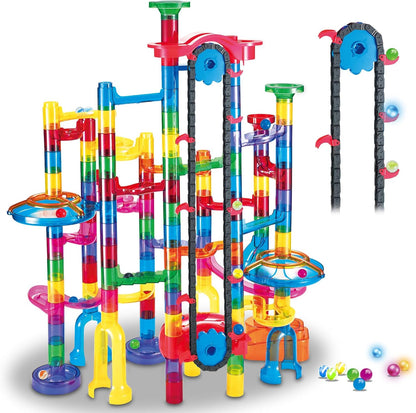 Tucrae 224 PCS Marble Runs Toys with Automatic Elevator Glowing Marble Maze Building Set STEM Puzzle Toys for 3 4 5+ Boys & Girls Children's Day, Christmas Easter Gifts(Containing 60 Marbles)