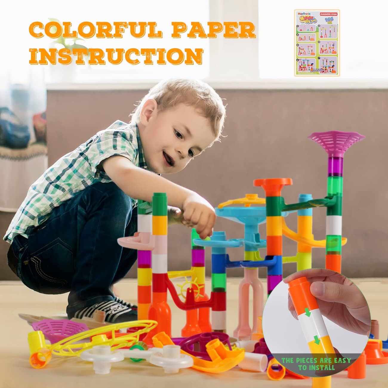 MaxTronic Marble Run Toy, 110pcs Marble Maze Kit STEM Educational Learning Toy for Kids, Mable Race Construction Railway Building Blocks with 60 Marbles Birthday Gift for Boys Girls 3-12 Years Old
