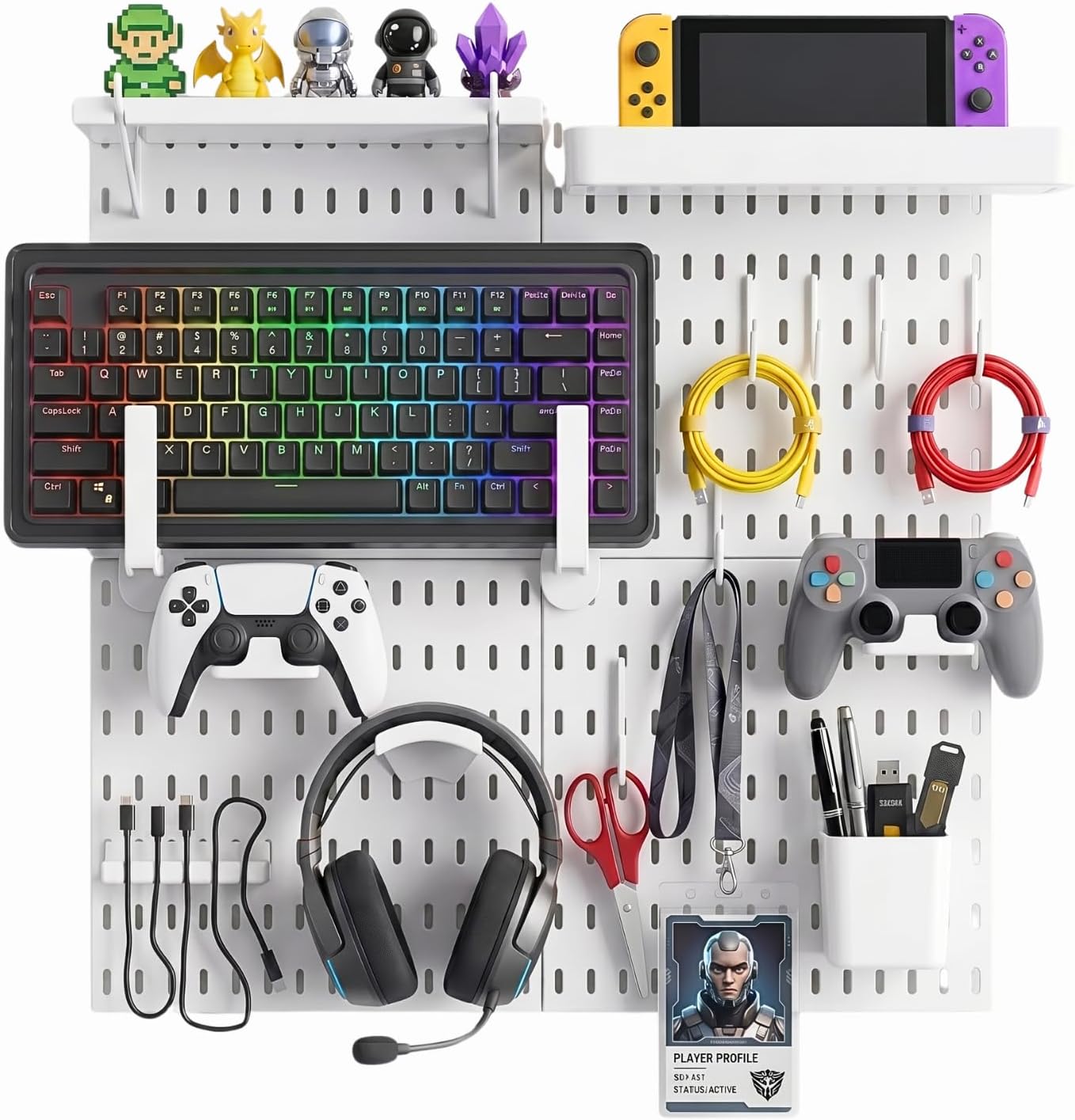 Keepo Peg Board Wall Organizer for Gaming Setup, Pegboard with Adhesives & Screw Mounts, Includes Peg Board Accessories for Gaming Accessories, Tech Storage & Office Organization (Black, 33″×22″)