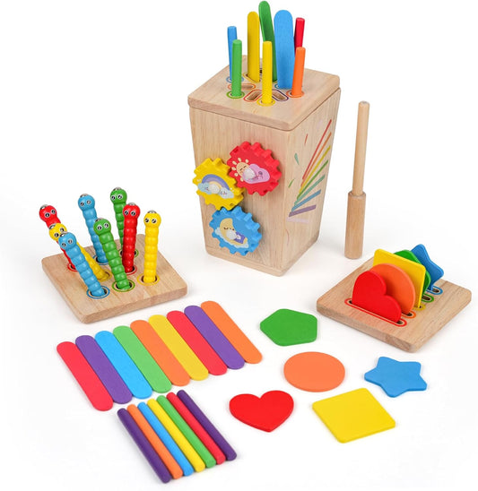 Wooden Montessori Baby Toys, 5 in 1 Fine Motor Skills Learning Toy, Educational Shape & Color Sorting Sensory Fidget Toy for Toddlers Ages 1–3, Birthday Gift for 2–4 Year Old Girls & Boys