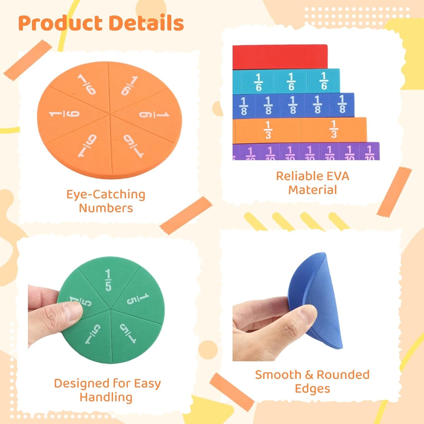 12 Sets EVA Rainbow Fraction Manipulatives, Includes 6 Sets Fraction Tiles and 6 Sets Fraction Circles, Broad Coverage from 1/1 to 1/12, Visual Learning Tool