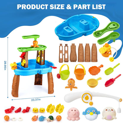 Water Table for Toddlers 3-5 Outdoor Toys for Kids Ages 4-8 3-Tier Kids Sand Water Tables with Fishing Game Set Activity Sensory Table Summer Gift Beach Outside Toys for Toddler Boys