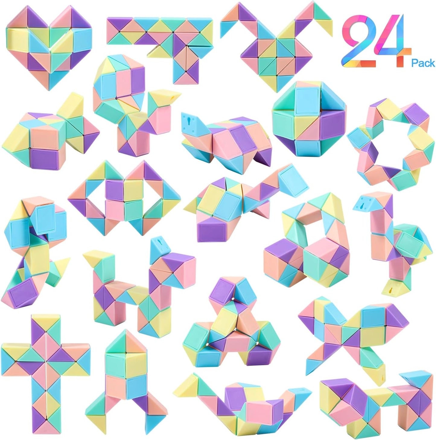 24 Pack Magic Snake Cube Fidget Toys for Kids - 24 Blocks Rainbow Twist Puzzle, Party Favors, Classroom Prizes, Birthday Goodie Bag Fillers, Stress Relief Sensory Toys